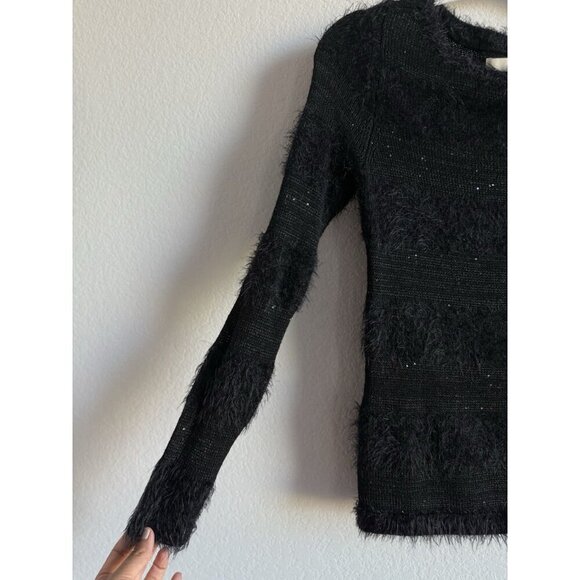 LOFT Women’s PXS Black Wool Blend Long Sleeve Sweater Fuzzy Stripes Pullover - Picture 5 of 11